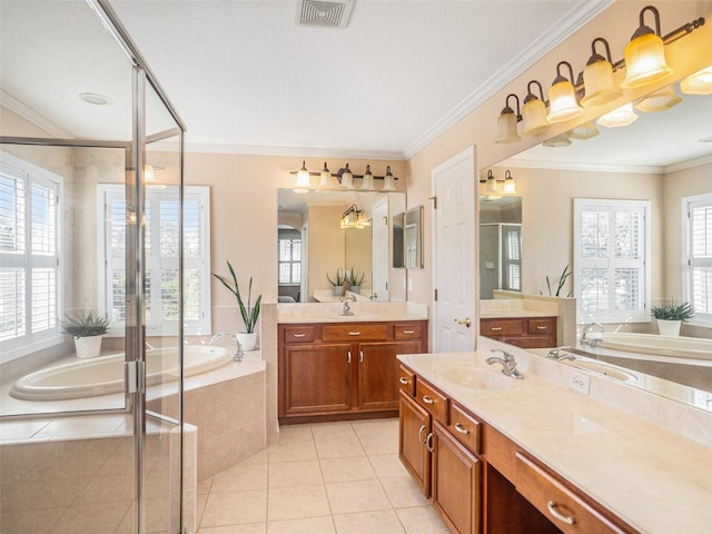 bathroom with tile patterned flooring, separate shower and tub, and ornamental molding