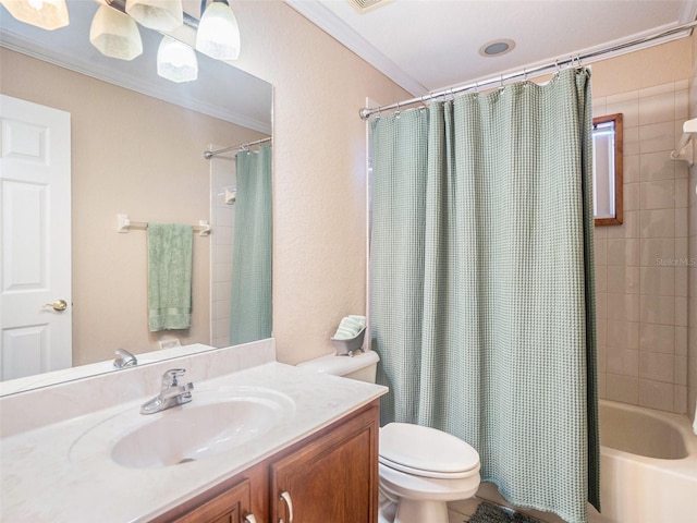 full bathroom with vanity, toilet, shower / bathtub combination with curtain, and crown molding