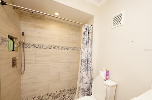 bathroom featuring crown molding, toilet, and a shower with curtain