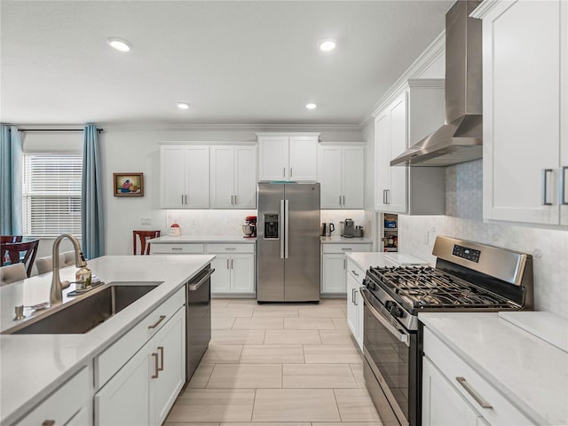 kitchen with backsplash, sink, wall chimney exhaust hood, and appliances with stainless steel finishes