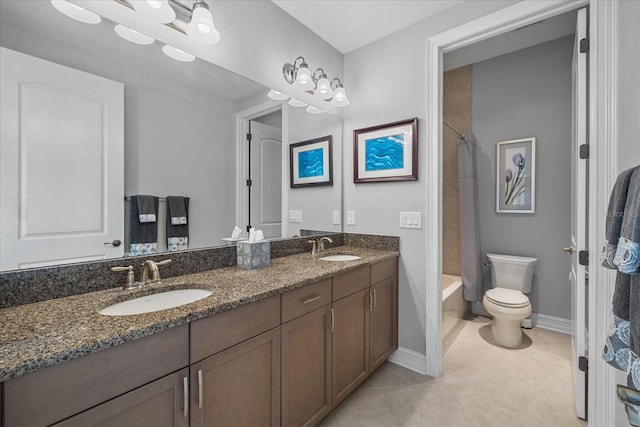 full bathroom with shower / bathing tub combination, tile patterned floors, vanity, and toilet