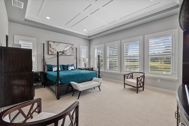 carpeted bedroom featuring a raised ceiling and crown molding