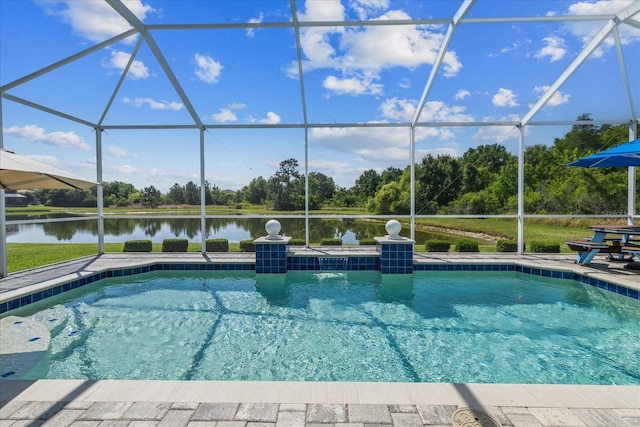 view of swimming pool featuring a water view and glass enclosure