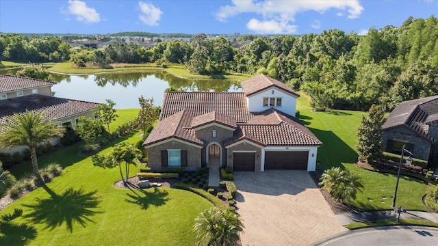 drone / aerial view featuring a water view