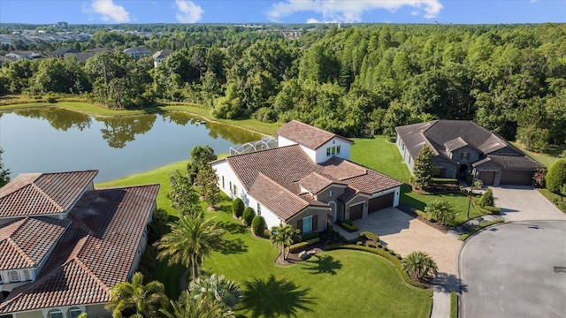 bird's eye view with a water view