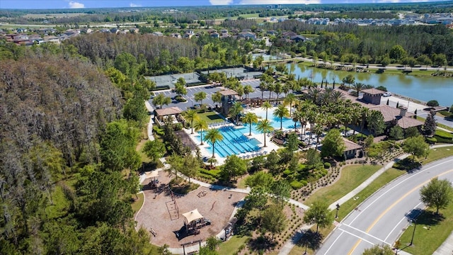 drone / aerial view with a water view