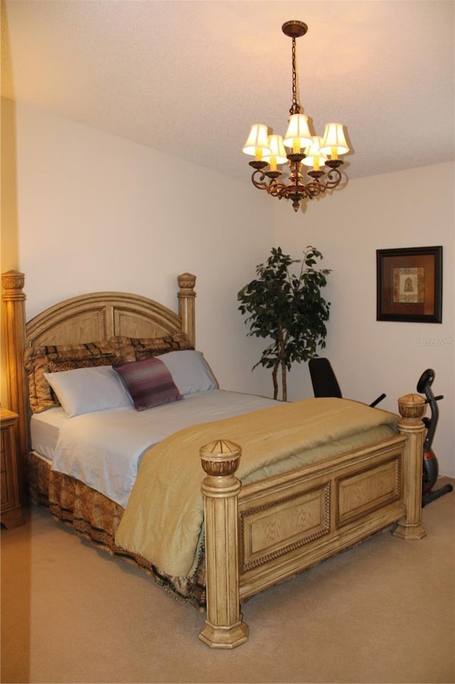 bedroom with light colored carpet and a notable chandelier