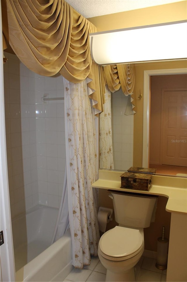 bathroom featuring toilet, shower / tub combo with curtain, and tile patterned floors