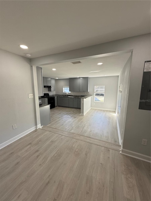 unfurnished living room featuring electric panel, light hardwood / wood-style floors, and sink