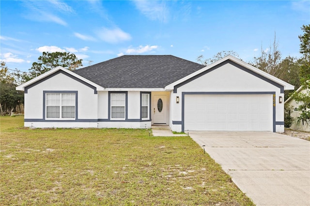 ranch-style home featuring a garage and a front yard