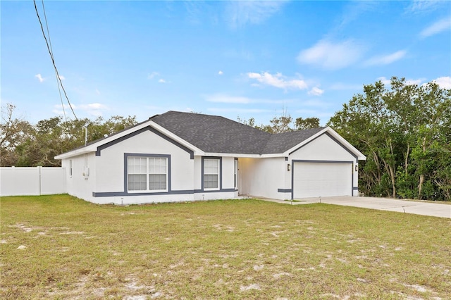 ranch-style home with a garage and a front lawn