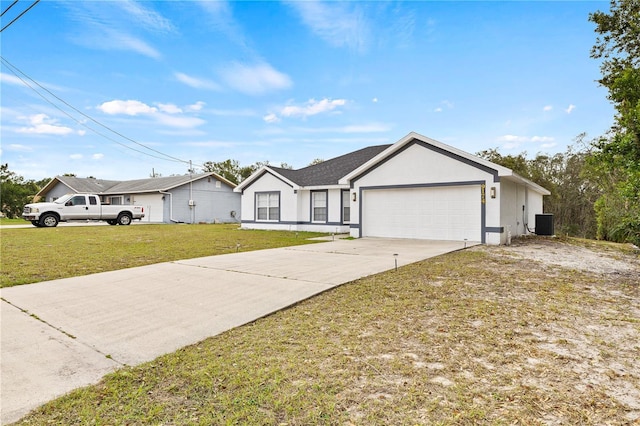 single story home featuring a garage, a front lawn, and cooling unit