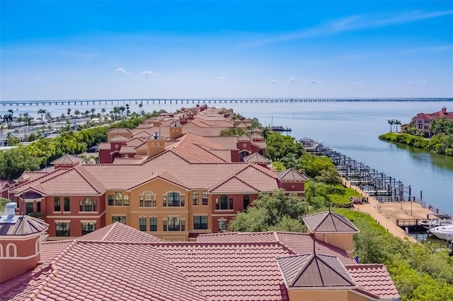 drone / aerial view with a water view