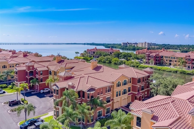 bird's eye view with a water view