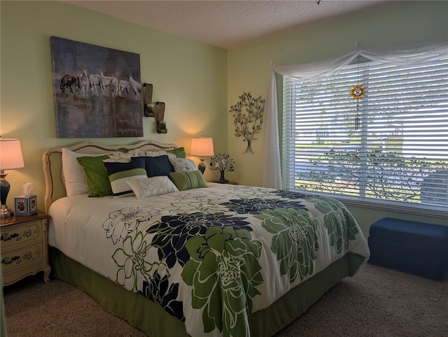 carpeted bedroom with a textured ceiling