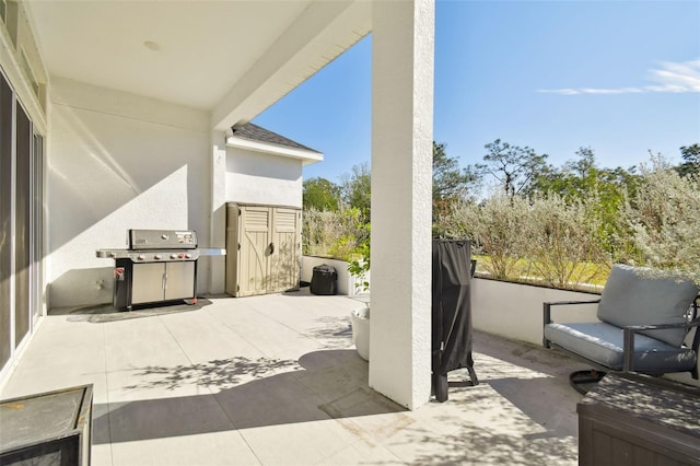 view of patio / terrace with area for grilling and a shed