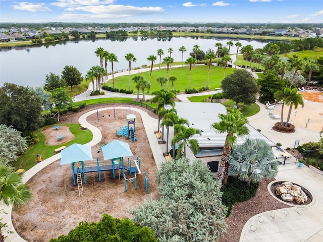 drone / aerial view featuring a water view