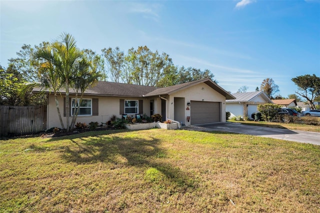 ranch-style house with a garage and a front yard