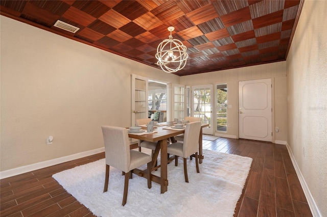 dining area with dark wood-style floors, wooden ceiling, a chandelier, and baseboards