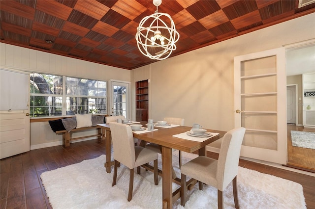 dining space featuring wooden ceiling, wood-type flooring, built in features, and an inviting chandelier