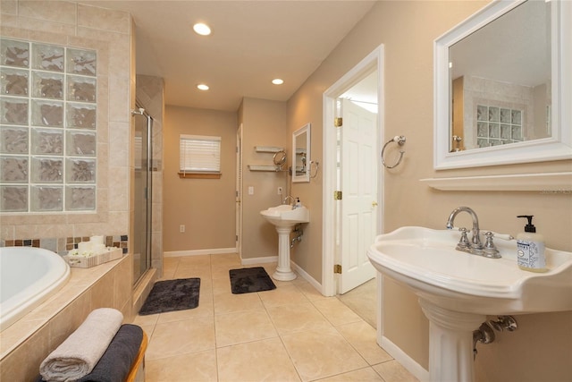 full bathroom with a stall shower, recessed lighting, a bath, and tile patterned floors