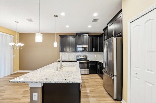 kitchen featuring decorative backsplash, appliances with stainless steel finishes, pendant lighting, a notable chandelier, and an island with sink