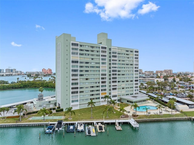 view of building exterior with a water view