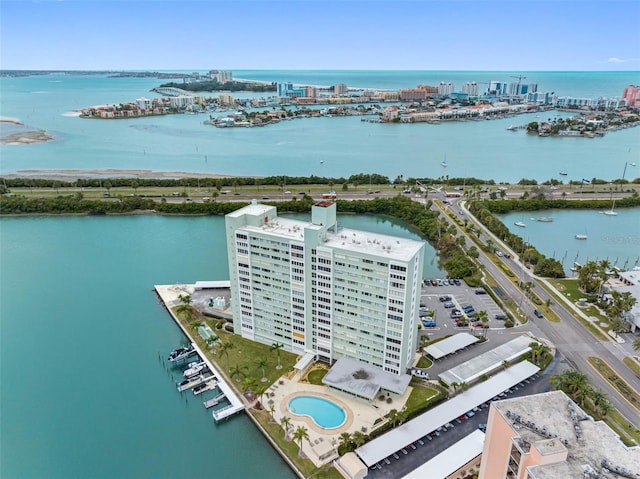 birds eye view of property featuring a water view