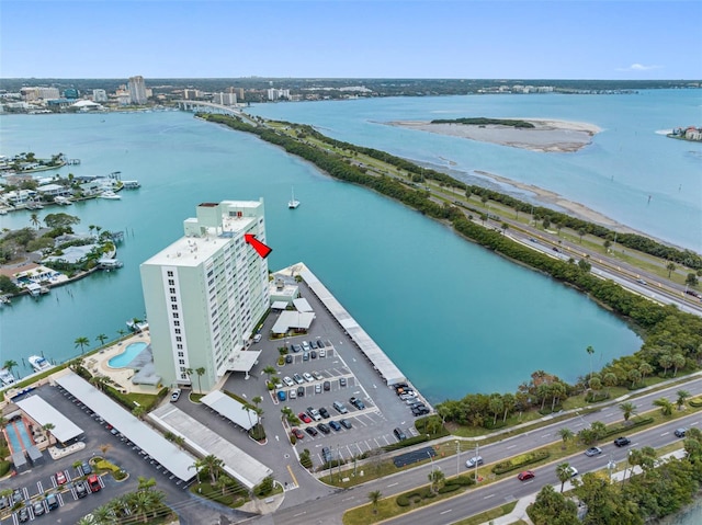 aerial view with a beach view and a water view