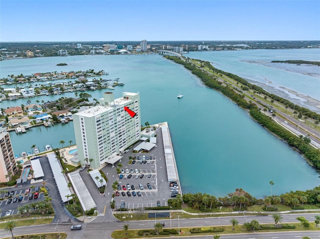 drone / aerial view with a water view