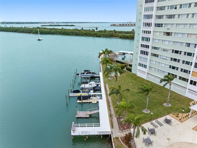 view of water feature with a dock