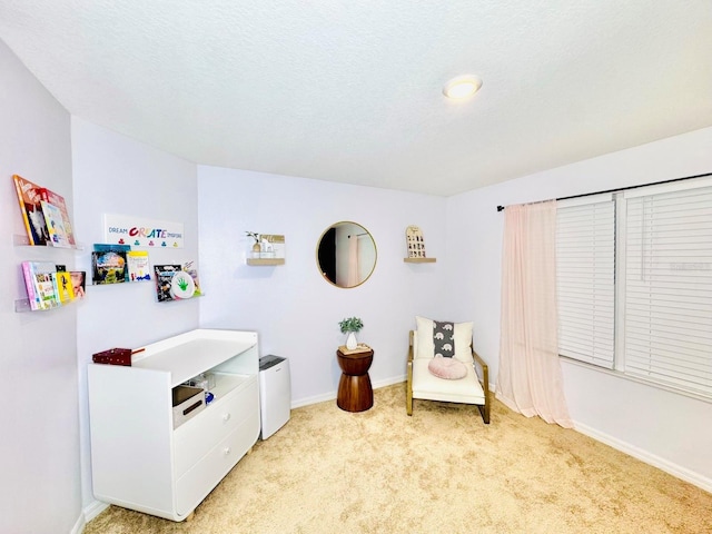 sitting room featuring light colored carpet