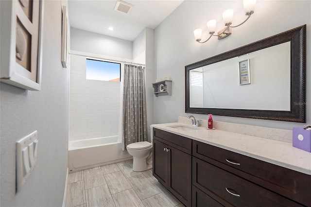 full bathroom with vanity, toilet, and shower / bathtub combination with curtain