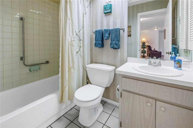 full bathroom featuring toilet, vanity, shower / tub combo, and tile patterned flooring