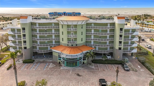 view of building exterior with a water view