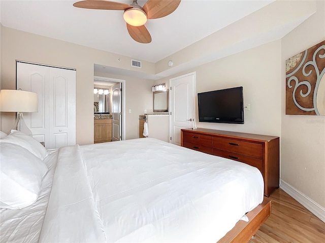 bedroom with ceiling fan, light hardwood / wood-style floors, and a closet