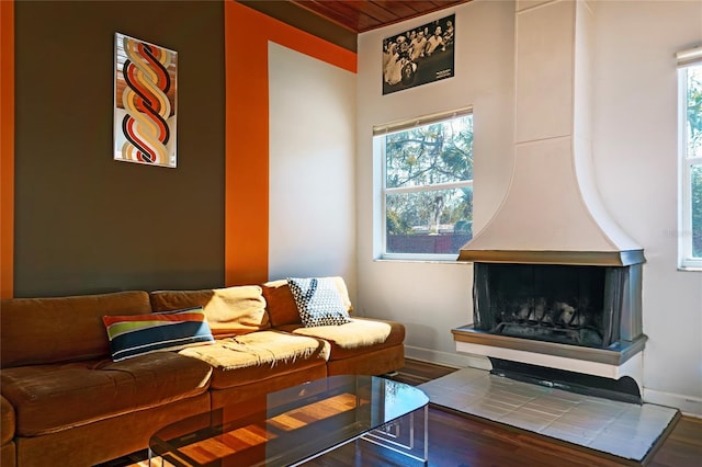 living area with wood finished floors, baseboards, and a healthy amount of sunlight