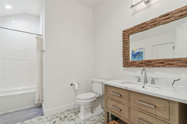 full bathroom with toilet, vanity, vaulted ceiling, and shower / tub combo with curtain