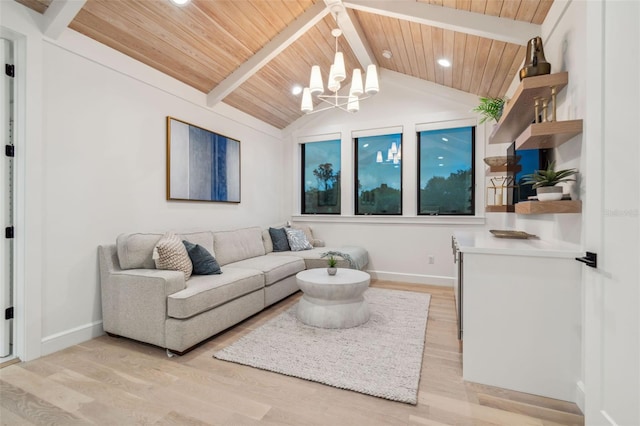 living room with wooden ceiling, lofted ceiling with beams, light wood-type flooring, and a chandelier