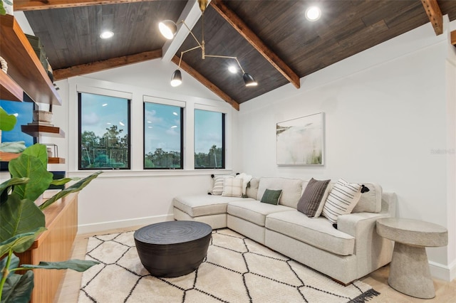 living room featuring vaulted ceiling with beams, wooden ceiling, and light wood-type flooring