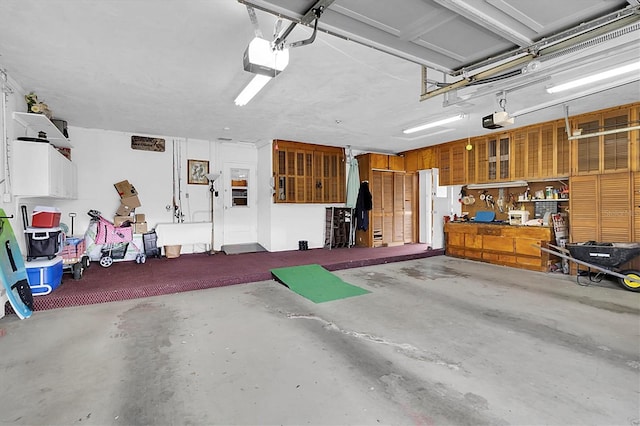 garage featuring a workshop area and a garage door opener