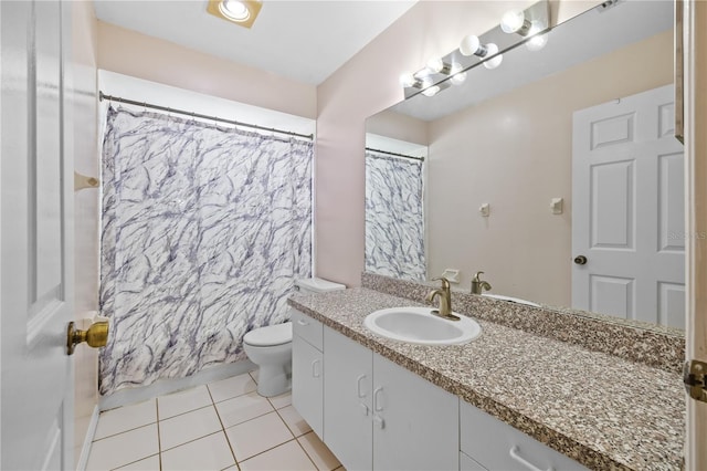 bathroom featuring vanity, a shower with curtain, tile patterned floors, and toilet