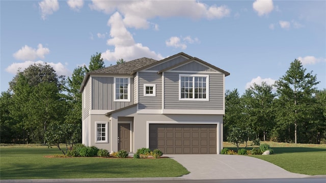 view of front of home featuring a front yard and a garage