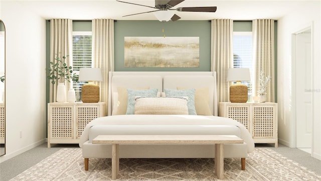 carpeted bedroom featuring ceiling fan