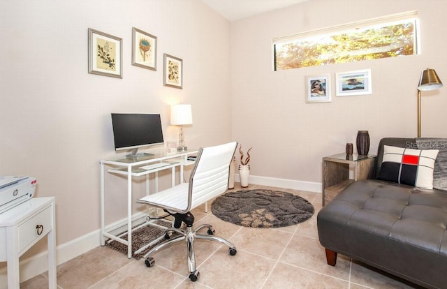 home office with light tile patterned floors