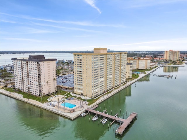 drone / aerial view with a water view