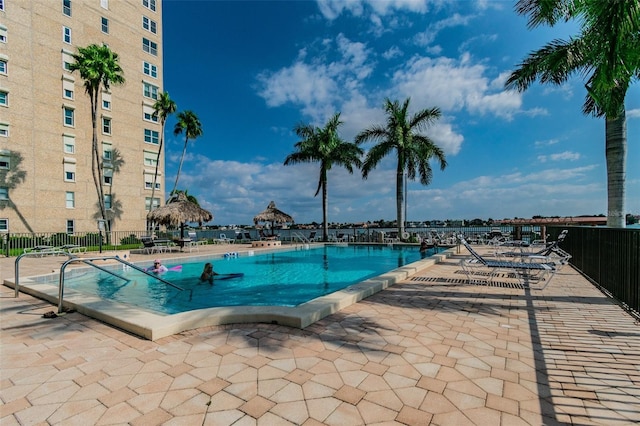 view of swimming pool with a patio area