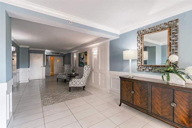 interior space featuring crown molding and light tile patterned flooring