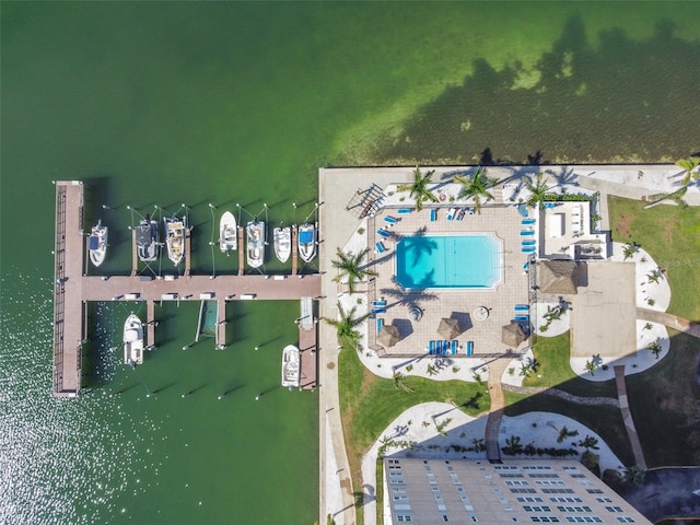 drone / aerial view featuring a water view