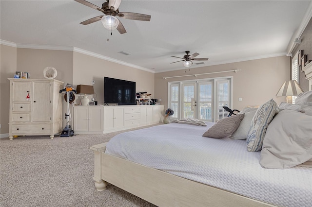 carpeted bedroom with ceiling fan, crown molding, access to outside, and french doors